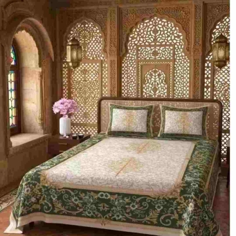 single bed bedsheet green gold floral print 90x60 with 2 pillow covers