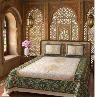 single bed bedsheet green gold floral print 90x60 with 2 pillow covers