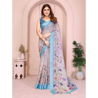 Elegant linen cotton saree with floral print design GG-102