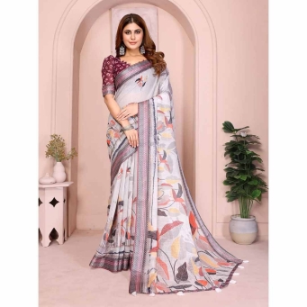 tajoo elegant linen cotton saree autumn leaf print gg106 stylish design