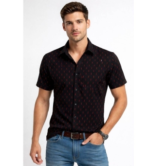 BDS black short sleeve shirt with red geometric print for men