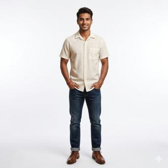 Men's cream textured short sleeve shirt front view