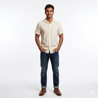 Men's cream textured short sleeve shirt front view