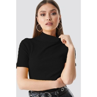 Women's black casual half sleeve solid top front view