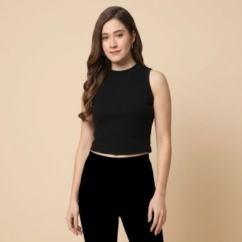 Women's black casual solid sleeveless top front view