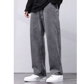 Men's grey loose fit denim jeans front view