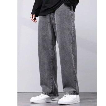 Men's grey loose fit denim jeans front view