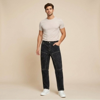 Men's black straight fit denim jeans full body view