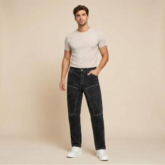 Men's black straight fit denim jeans full body view