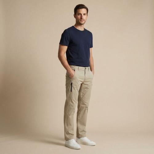 Beige Straight Fit Trousers For Men