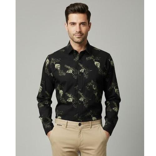 Black Printed Floral Print Formal Shirt For Men