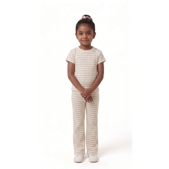 Girls light beige ribbed cotton t shirt with matching flare pants