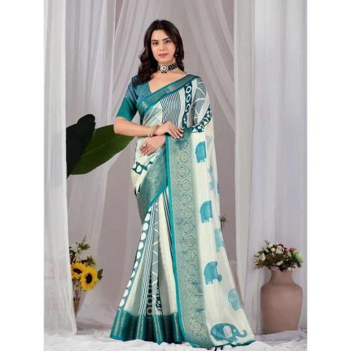 Off White and Teal Printed Lichi Silk Saree for Women