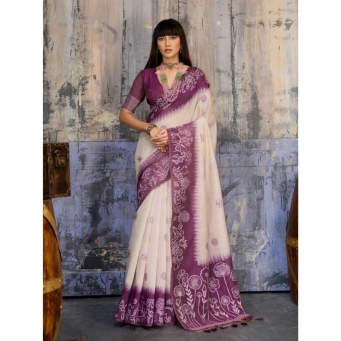 Cream and wine Munga cotton handloom saree with woven border