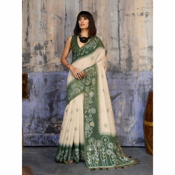 Women cream and green Munga cotton handloom saree with woven border