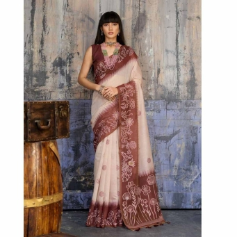 Woman wearing cream and brown Munga cotton handloom saree with woven border
