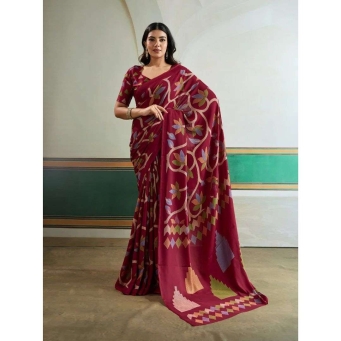 Maroon Ajrakh printed modal satin saree