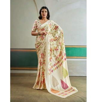Off white Ajrakh printed modal satin saree
