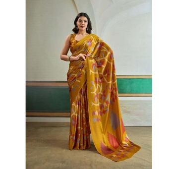 Mustard yellow Ajrakh printed saree