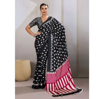 Black Ajrakh Printed Saree