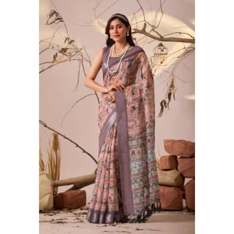 Tajoo Beige Linen Cotton Printed Saree Front View