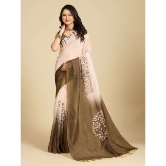 Beige Brown Cotton Linen Saree Front View
