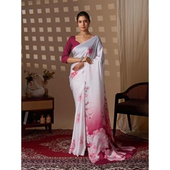 White & Pink Ombre Saree Front View