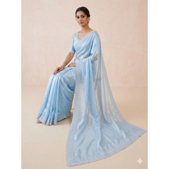 Sky Blue Zarkan Work Saree