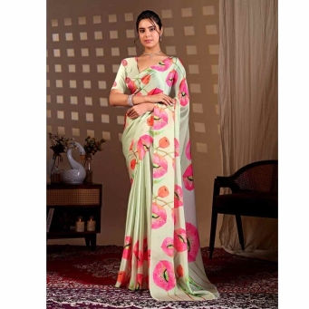Tajoo Women Pista Green Floral Digital Printed Satin Georgette Saree Full Front View