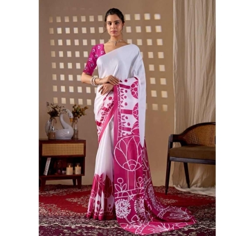 Tajoo Women White and Rani Pink Printed Satin Georgette Saree Full Front View