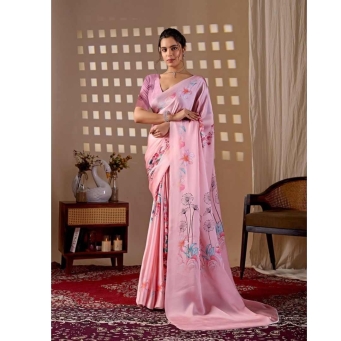 Tajoo Women Pastel Pink Floral Printed Satin Georgette Saree Full Front View