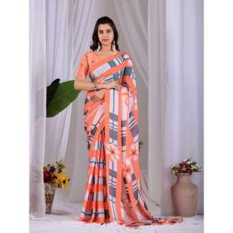 Tajoo Women Orange and Grey Floral Printed Satin Georgette Saree Full Front View