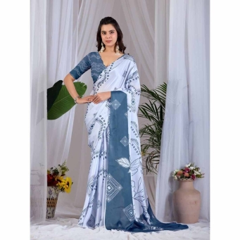Tajoo Women White and Steel Blue Printed Satin Georgette Saree Full Length Front View