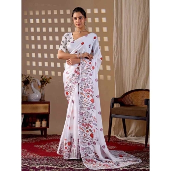 Tajoo Women White Floral Printed Satin Georgette Saree Full Length Front View