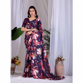Women navy blue floral printed satin georgette saree with elegant drape