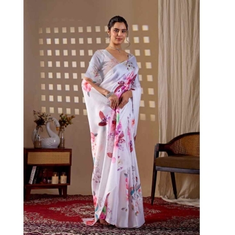 Tajoo Women White Pastel Floral Printed Satin Georgette Saree Full Length Front View