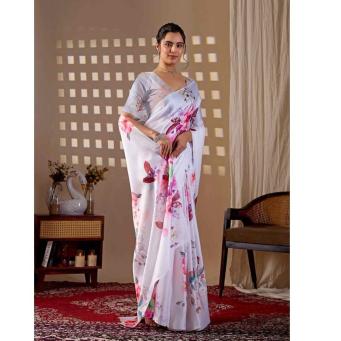 Tajoo Women White Pastel Floral Printed Satin Georgette Saree Full Length Front View