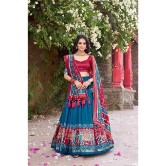 Firoji Tusser Silk Lehenga Choli with Floral Print Dupatta