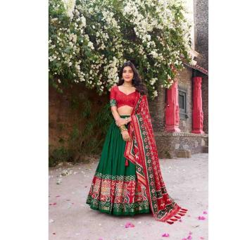 Green Tusser Silk Lehenga Choli with Floral Print Dupatta