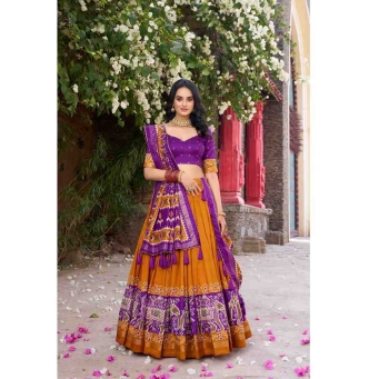 Mustard Tusser Silk Lehenga Choli with Foil Work Dupatta
