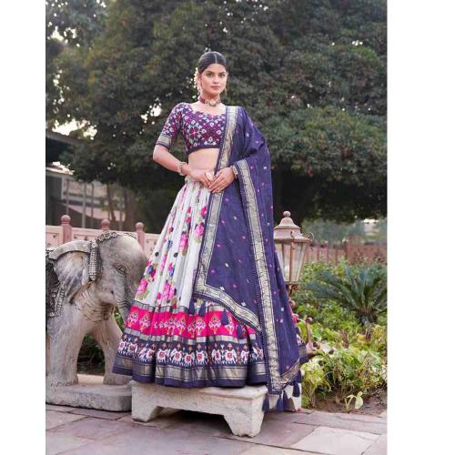 Galgoto Navy Blue Tussar Silk Lehenga Choli with Floral Print and Foil Work Dupatta