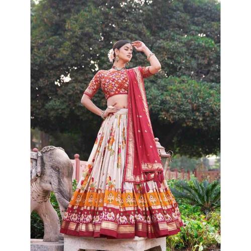 Galgota Red Tussar Silk Lehenga Choli with Floral Print and Foil Work Dupatta