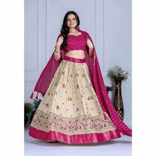 Hathi Pink Lichi Silk Lehenga Choli with Jacquard Border and Zari Work Dupatta