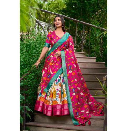 Helly White Tussar Silk Lehenga Choli with Floral & Patola Print and Jacquard Border Dupatta