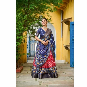Red and navy blue jacquard lehenga choli with dupatta