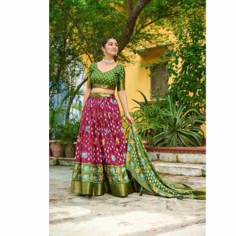 Wine and olive green jacquard lehenga choli with dupatta