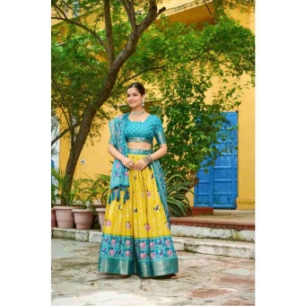 Yellow and teal blue jacquard lehenga choli with dupatta