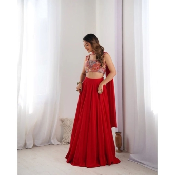 Red georgette flared lehenga choli with embroidered dupatta