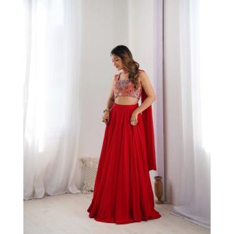 Red georgette flared lehenga choli with embroidered dupatta