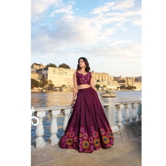 Wine floral printed tusser silk lehenga choli with dupatta